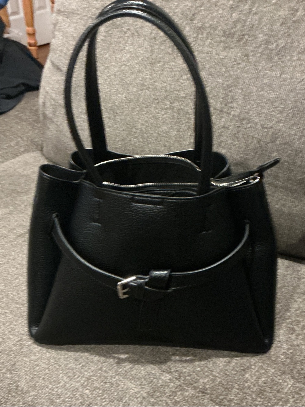 Structured Black Shoulder Bag with Buckle Accent